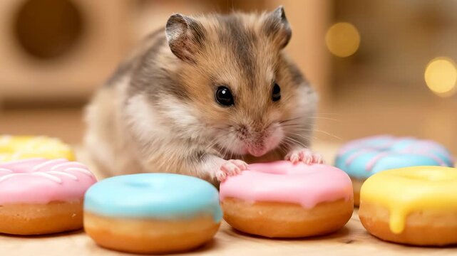 Cute Hamster With Delicious Colorful Doughnuts on a Bright Afternoon