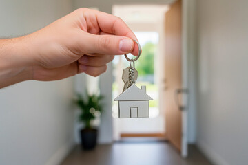Hand holding a keyring with a house shape charm and classic keys, symbolizing homeownership, moving, real estate investment, and property acquisition in a bright domestic setting