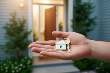 Hand holding a house shaped keychain with keys, standing in front of the entrance to a modern home, symbolizing moving, real estate, and property buying