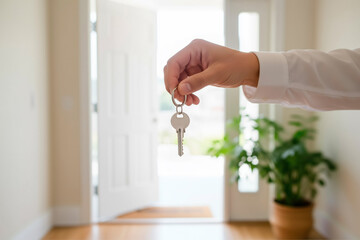 Human hand extending a house key, symbolizing real estate ownership, moving into a new residence, welcoming opportunities, and securing a property investment