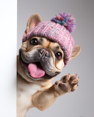 Smiling French bulldog in pink hat waving hello