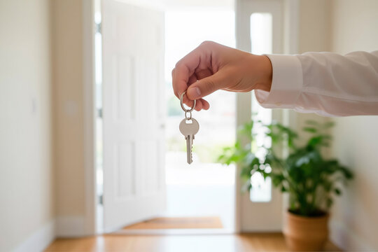 Human hand extending a house key, symbolizing real estate ownership, moving into a new residence, welcoming opportunities, and securing a property investment - Powered by Adobe