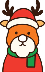Cute Reindeer Wearing Santa Hat and Scarf, Christmas Cartoon Vector Icon.