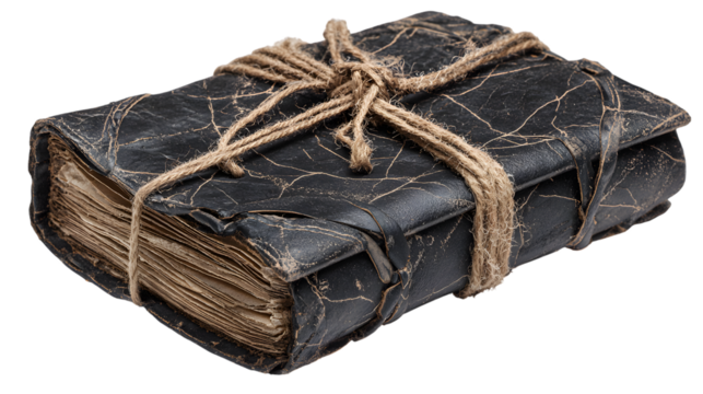 Ancient black leather book tied with twine, isolated on white background