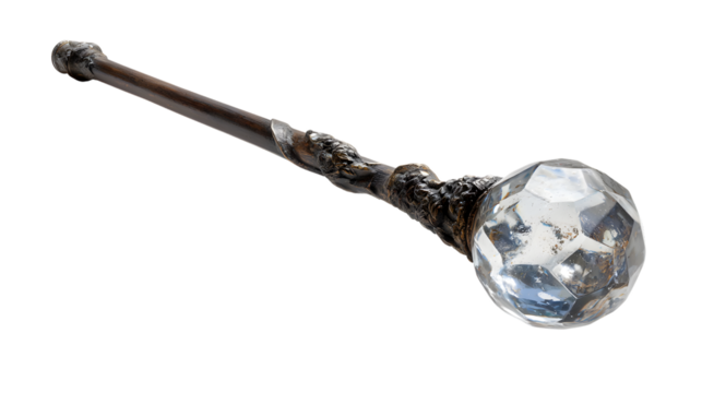Crystal ball scepter for fantasy role playing or magical ceremonial purposes, isolated on white background