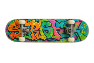 Skateboard deck with colorful graffiti street art design
