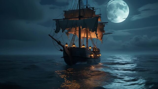 Ancient Pirate Ship Sailing Through Dark Ocean at Night | Cinematic Ghost Ship Background Video | 4K Ultra-Realistic Maritime Scene