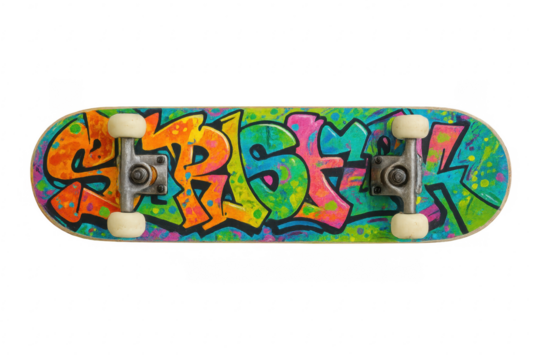 Skateboard deck with colorful graffiti street art design