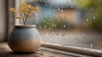 Small Plant Pot by Rainy Window with Raindrops