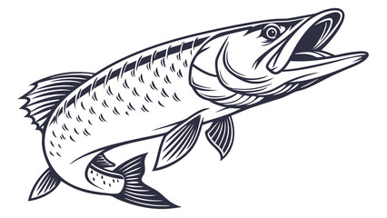 Fototapeta premium Vintage Style Fish Illustration Aquatic Animal Leaping Fish Fishing Logo Black and White Fish Design Predator Fish Graphic Wildlife Art Marine Life Illustration Underwater Creature Fish.