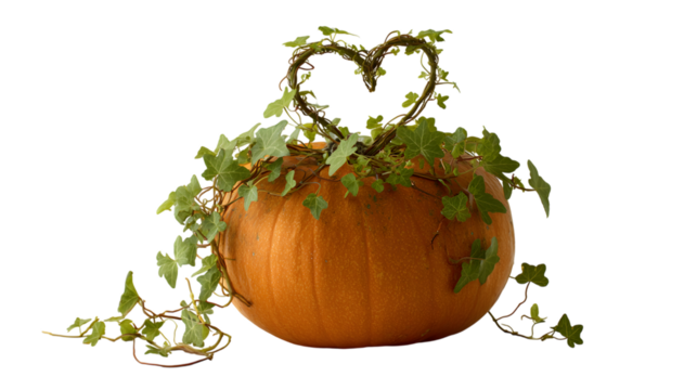 Loving autumn harvest pumpkin with ivy heart perfect for fall decorations, isolated on white background - Powered by Adobe
