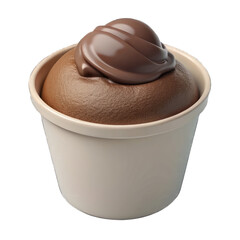 A close up of chocolate ice cream in a white cup with chocolate sauce on top against a black background Isolated on transparent background, png