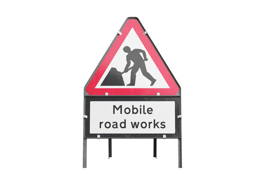 Men at work, Mobile road works temporary triangular road sign isolated, front view