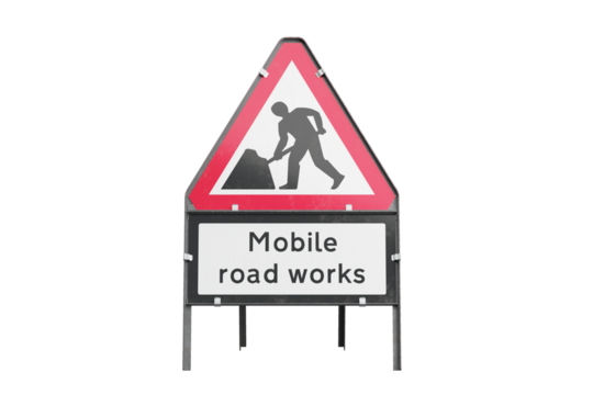 Men at work, Mobile road works temporary triangular road sign isolated, front view