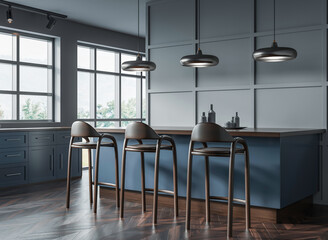 Contemporary kitchen interior with blue island, wooden bar stools, pendant lighting and grid wall, on cozy home background. Concept of modern design. 3D Rendering