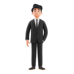 Obraz premium A professional 3D cartoon character of a confident businessman in a black suit and tie, standing with one hand in his pocket, isolated on white background