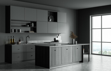 Sleek kitchen interior with matte cabinetry, wood accents, and minimalist decor in a modern 3D Rendering style, set against a bright window-lit background