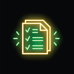 Glowing neon icon of documents with check marks indicating completed tasks