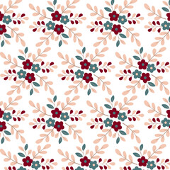 Obraz premium Elegant seamless pattern with red and blue flowers and beige leaves. Perfect for cozy fall designs, stationery, fabric, and wrapping paper.