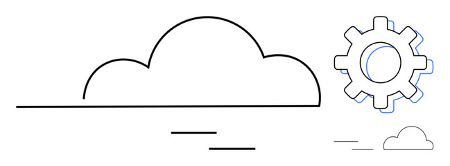 Minimalist cloud and gear illustration representing cloud computing, technology, innovation, and system integration. Ideal for business, IT, data storage, online solutions, digital transformation