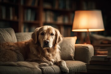 Golden retriever relaxes on a sofa, a warm lamp is glowing nearby. Great for lifestyle, pets, home decor, or book related content.
