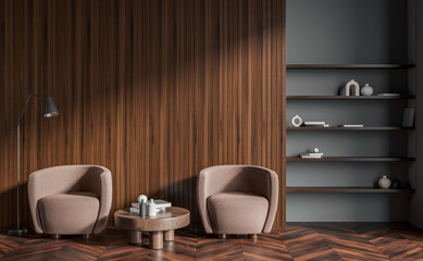 Modern interior design with two beige armchairs, wooden wall panels, and a bookshelf on gray wall, cozy minimalist living room concept. 3D Rendering