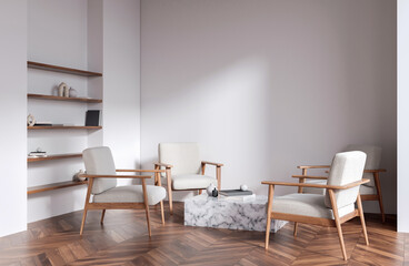 Modern interior design with wooden armchairs, marble coffee table, minimalist decor and shelving on a wooden floor in a bright room. 3D Rendering
