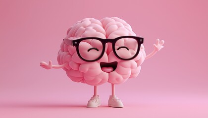 Cute 3D Brain Character with Glasses Waving on Purple Background