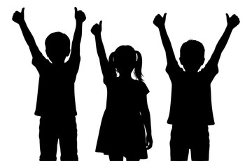 Silhouette of three happy children, two boys and a girl, with raised arms and thumbs up gesture. © Rani