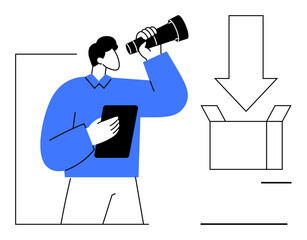 Naklejka na ściany i meble Man holding a tablet and looking through a telescope at an open box with downward arrow. Ideal for exploration, discovery, shipping, strategy, innovation, goal setting, analytics. Simple flat