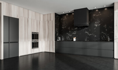 Contemporary kitchen interior design with matte surfaces, natural wood textures and dark marble...