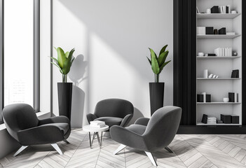 Contemporary lounge area interior with elegant gray chairs, decorative plants, bookshelf and...