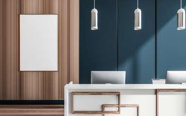 Blank poster frame on wooden wall in stylish reception interior with clean desk, pendant lights, and dark blue backdrop. 3D Rendering of branding concept