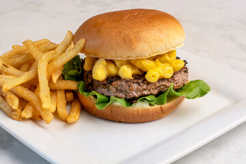  macaroni and cheese burger with french fries