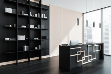 Stylish reception area interior with geometric desk, tall bookshelf, and hanging lights, in contemporary minimal design on urban high-rise background. 3D Rendering