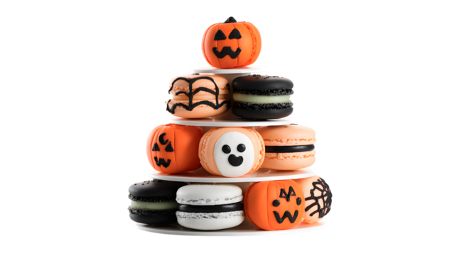 Festive Halloween macarons shaped like pumpkins and ghosts arranged pyramid style, isolated on white background