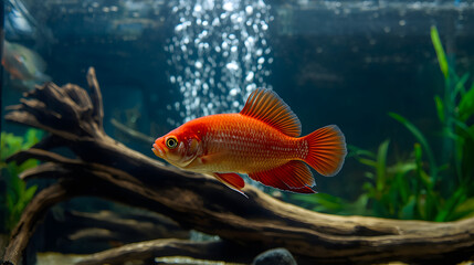 Fototapeta premium A vibrant orange fish swims in an aquarium with plants, driftwood, and rising bubbles.