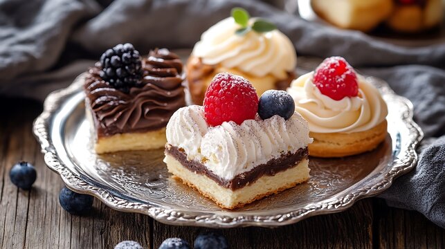 Delicious pastries on silver plate