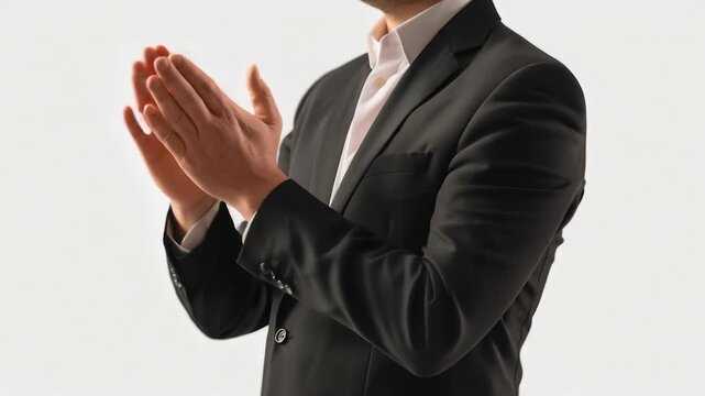 video A person in a suit enthusiastically claps their hands, conveying excitement or approval