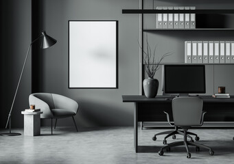 Fototapeta premium Contemporary office interior shows empty framed poster on clean wall, minimalist furniture, organized layout and bright concept for product display. 3D Rendering