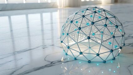 Abstract sphere with glowing nodes and connections on marble surface, representing global network and technology