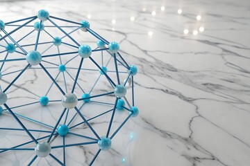 Molecular structure model on a marble surface, representing science, technology, and innovation concept