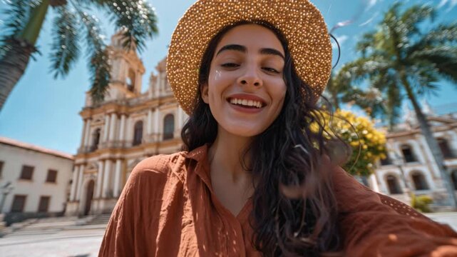 Young Traveler Woman Filming Herself in Front of Historic Metropolitan Cathedral of Santa Cruz de la Sierra, Bolivia