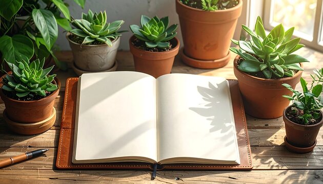 Open journal surrounded by potted succulents, natural light