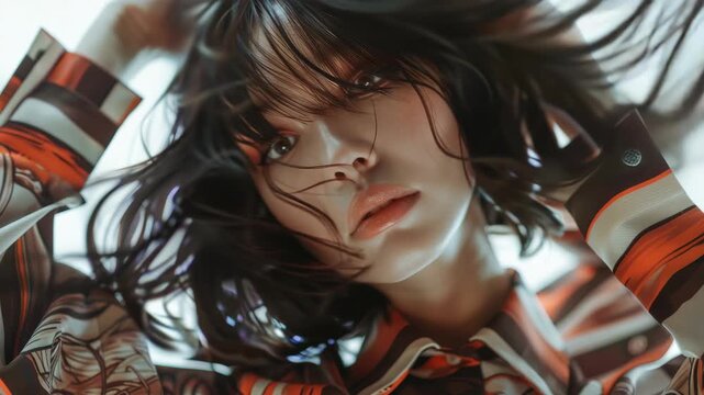 Stylish woman's portrait with vibrant clothing and dynamic pose