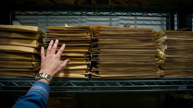 Hand Reaching Stacks Paper Files Shelves Archive Storage Office Records Organization