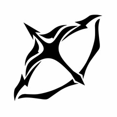 Black tribal-style bow and arrow illustration with bold, sharp lines and abstract curves