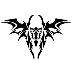 Black tribal style illustration of a demonic figure with sharp wings and a fierce symmetrical design