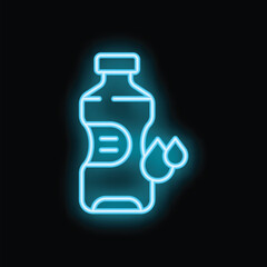 Blue neon sign depicting a plastic bottle with drops, evoking hydration and refreshment