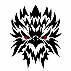 Bold tribal style illustration of a fierce monster face with sharp black patterns and intense red eyes